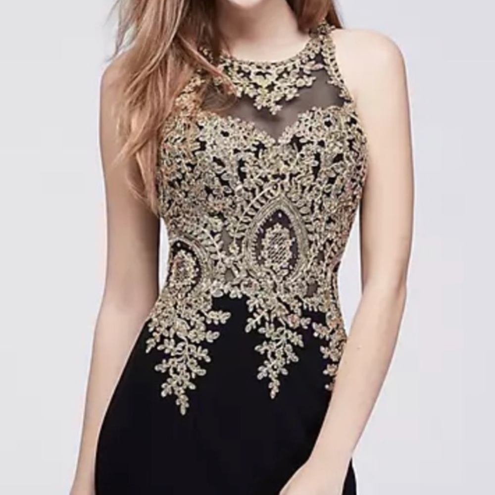Xscape Black Gown with Gold Detailing